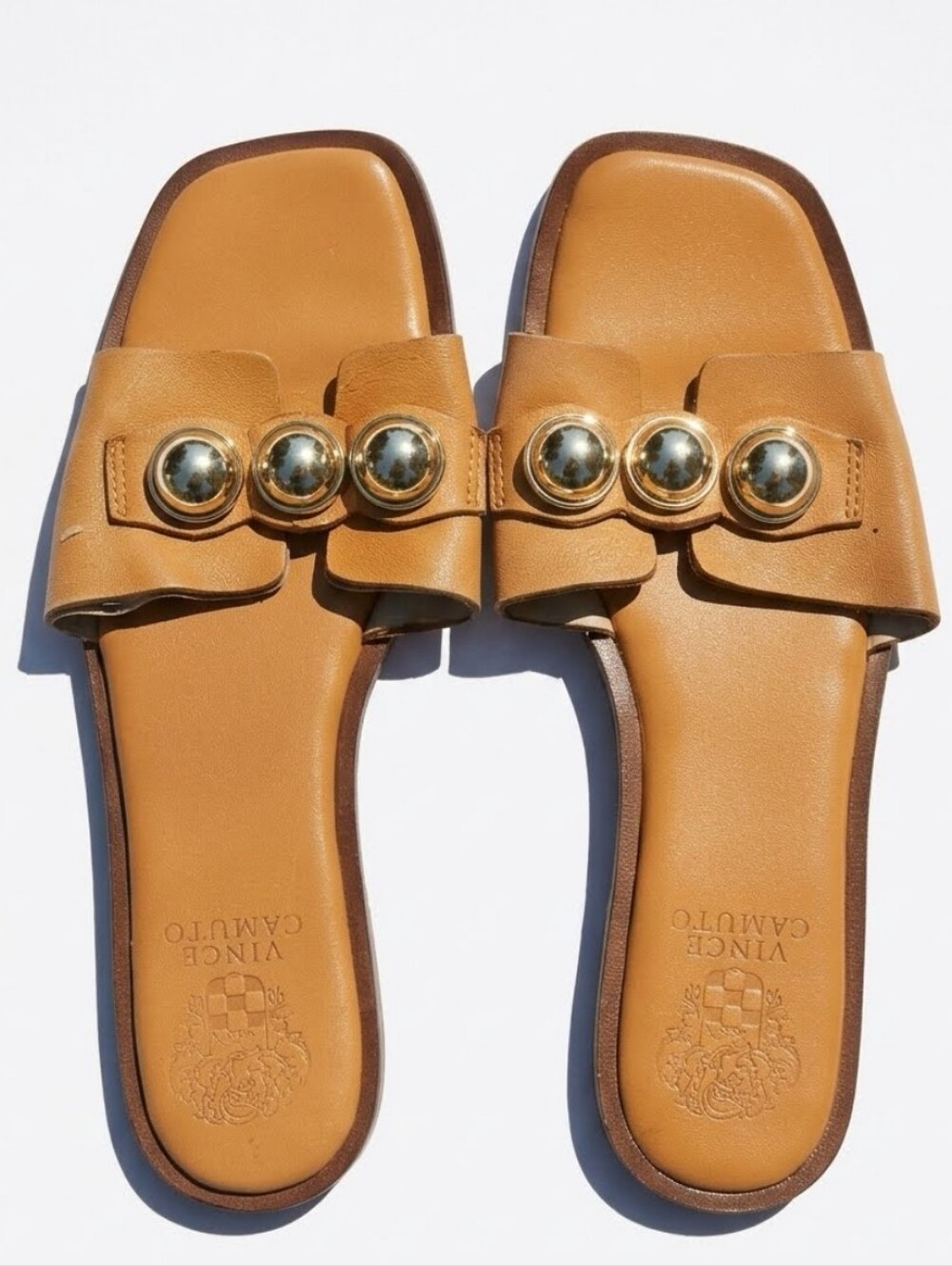 Vince Camuto Neima Cognac Leather Slip On Studded Sandals Slides Women's Size 8
